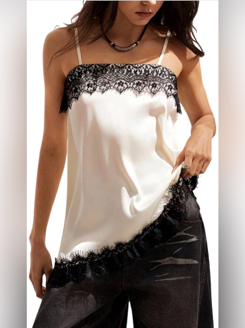 NWT Lace Trim Satin Cami Tank Top White/Black Eyelash Lace XS-XL